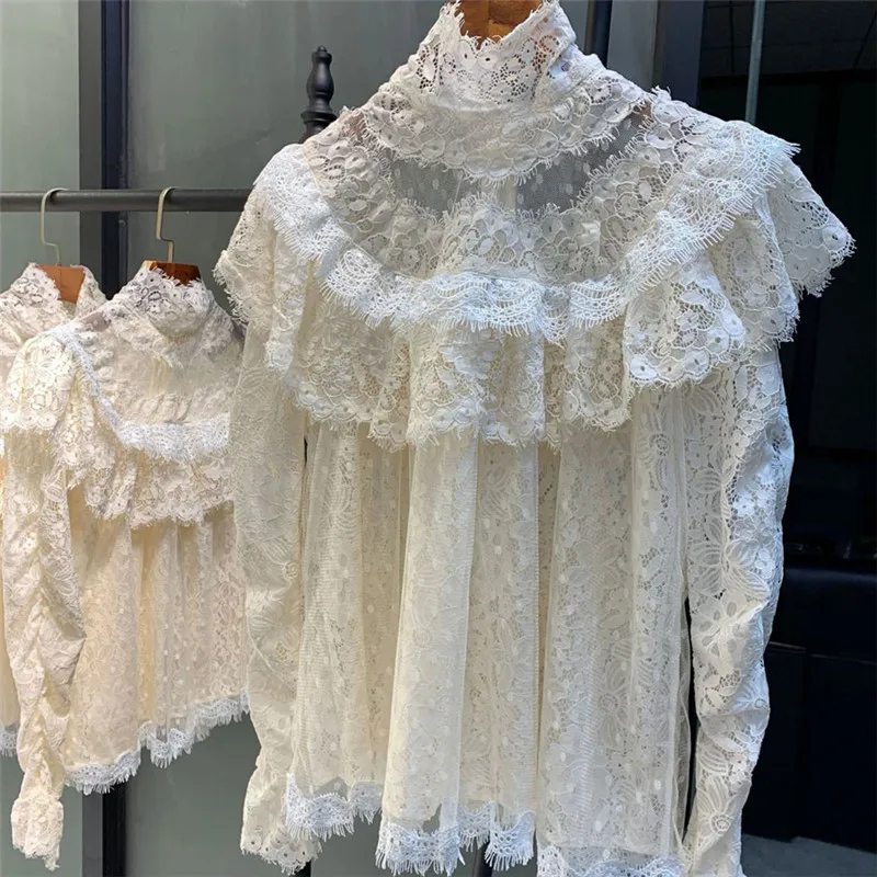 Autumn Runway Designer Two Piece Set Women Long Sleeve Lace Blouse+ Irregular Printed Skirt Set