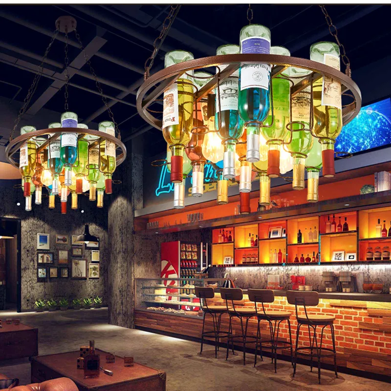 

Wine Bottle Iron Pendant Lights Vintage Industrial Metal Hanging Lamps Bar Restaurant Cafe Kitchen indoor led lighting Decor