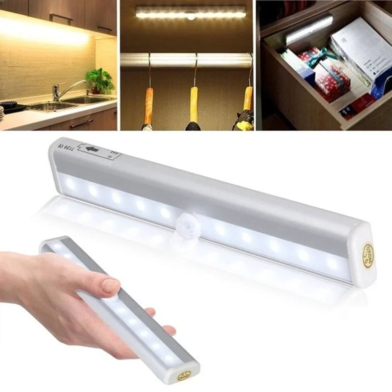

10 LEDs PIR Motion Sensor Closet Light Battery Operated Under Cabinet Lights Cupboard Wardrobe Stairs Wall Lamp For Kitchen Room