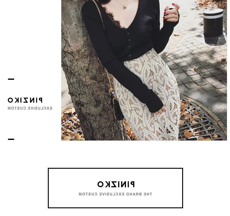 4xl Плюс большой размер свитер женский весна осень зима выдалбливают Кружева стежка чистый цвет черный белый v-образным вырезом Топ женский A5228