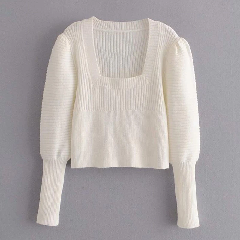 

SeeBeautiful Short Loose Knitted Pullovers Sweater Square Collar Puff Sleeve New Fashion Spring 2021 Women M165