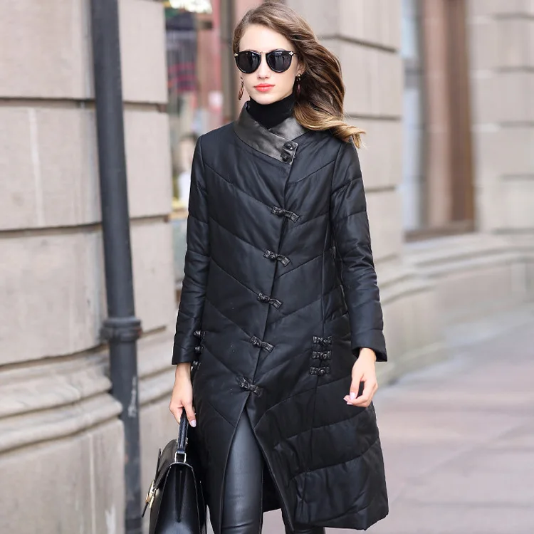 

Новый Зимний пуховик из натуральной кожи, длинный стиль для женщин, высококачественный теплый пуховик из овчины без покрытия