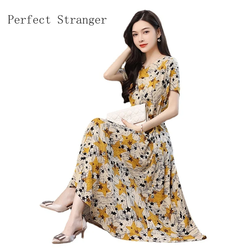 

Promotion Price Cotton Poplin Plus Size XL-5XL Middle-aged Mother 2021 Summer New Arrival Floral Short Sleeve Women Long Dress