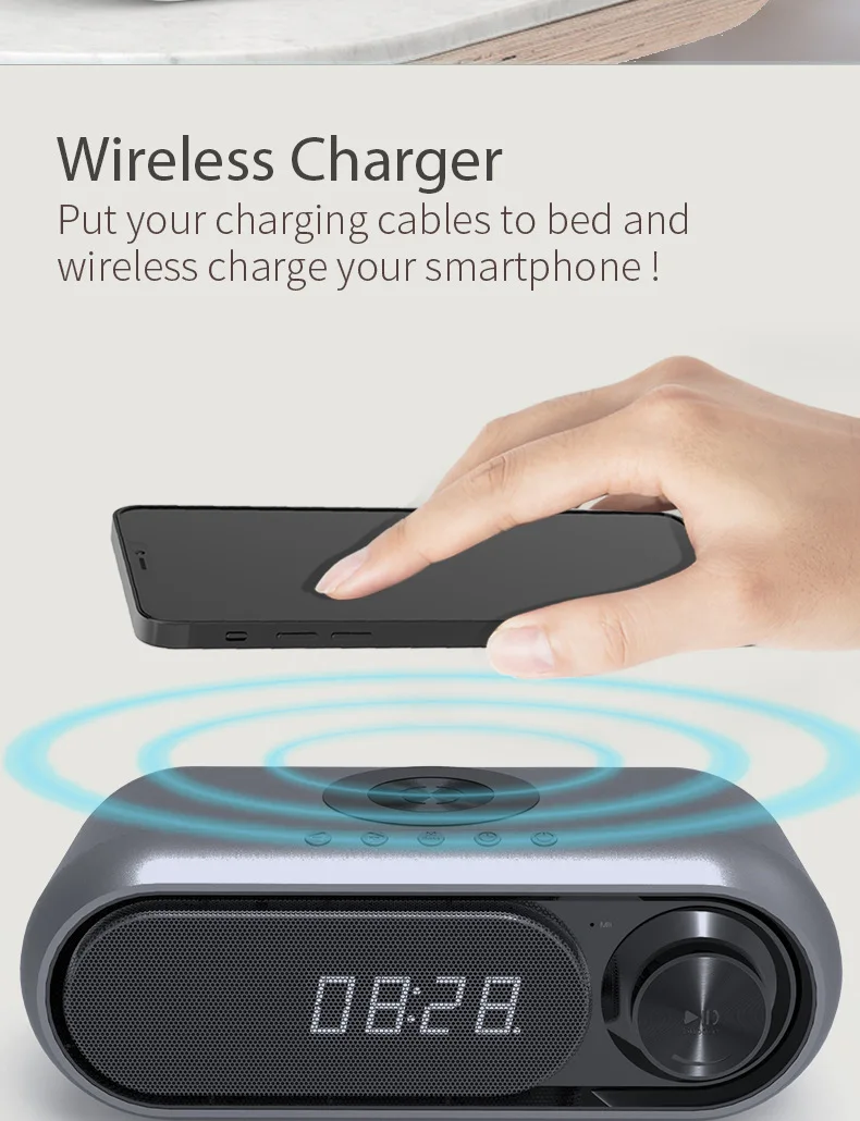 

Bluetooth speaker with wireless charging with LED clock FM radio function