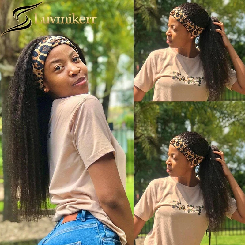

Yaki Straight Headband Band Wigs Human Hair Half Wigs Natural Color Brazilian Hair Full Machine Wig For Black Women Free Gift