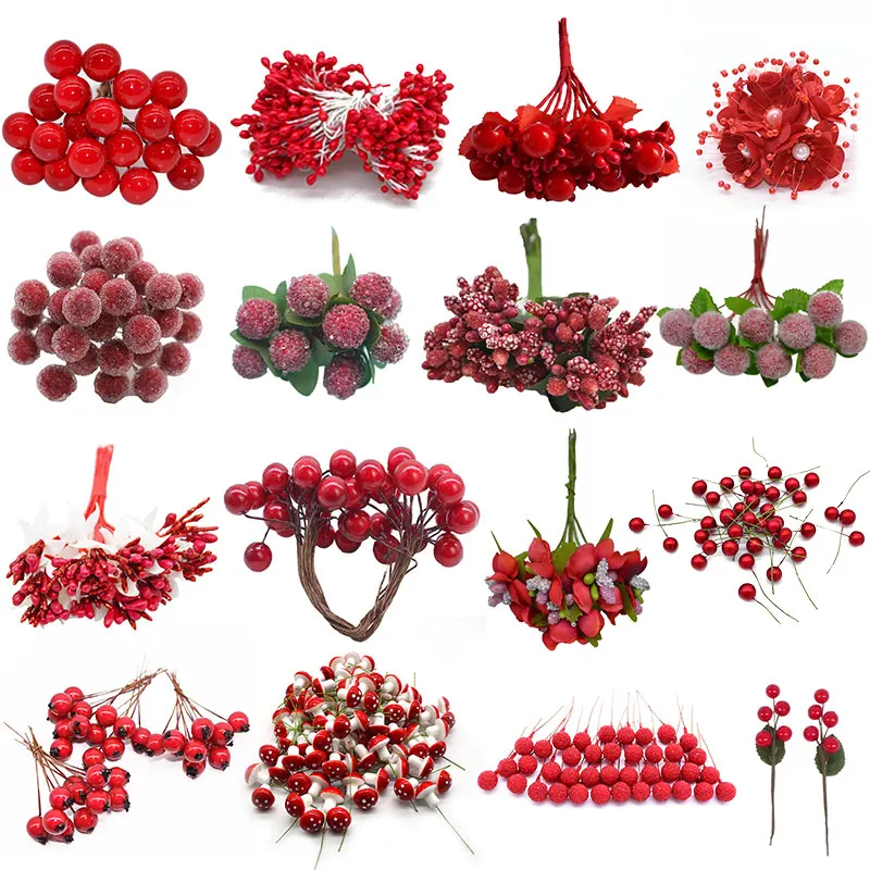 

Cheap Red Gold Mixed Hybrid Flower Cherry Stamens Berries Bundle DIY Cake Christmas Wedding Gift Box Wreaths Craft Decoration