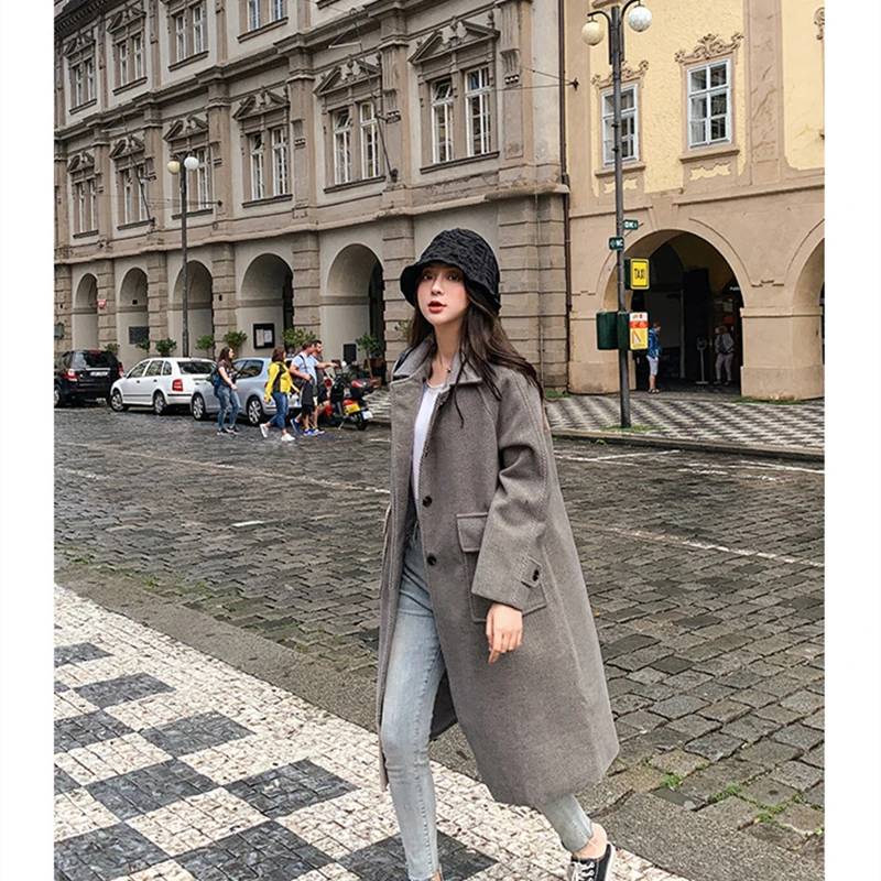 

2020 autumn and winter new Korean version of the loose medium long woolen coat women's word pattern woolen coat