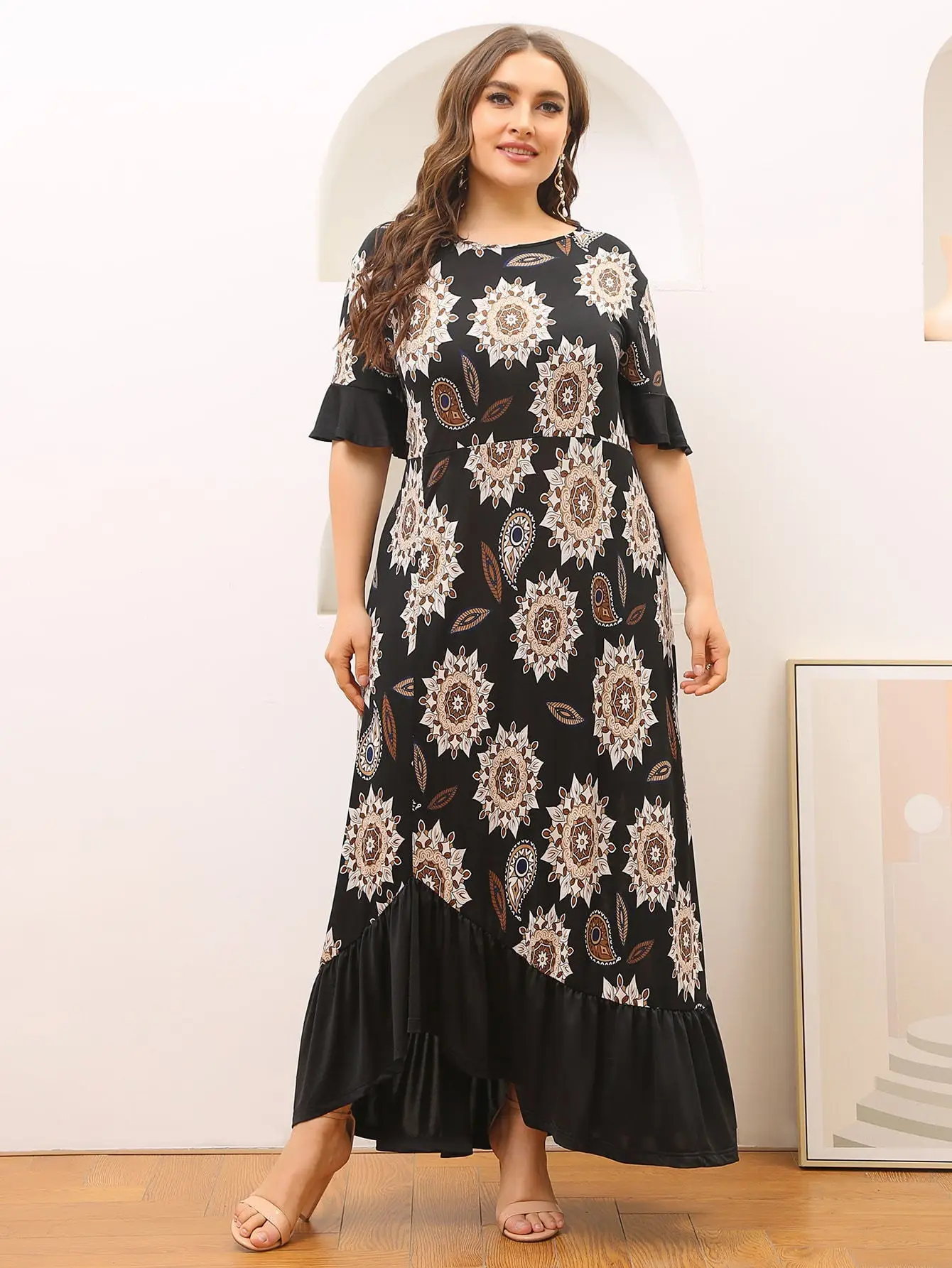 

5XL Plus Size Women Dresses Summer 2021 Short Sleeve Retro Printing Vintage Dress Black Big Size Maxi Ruffles Dresses