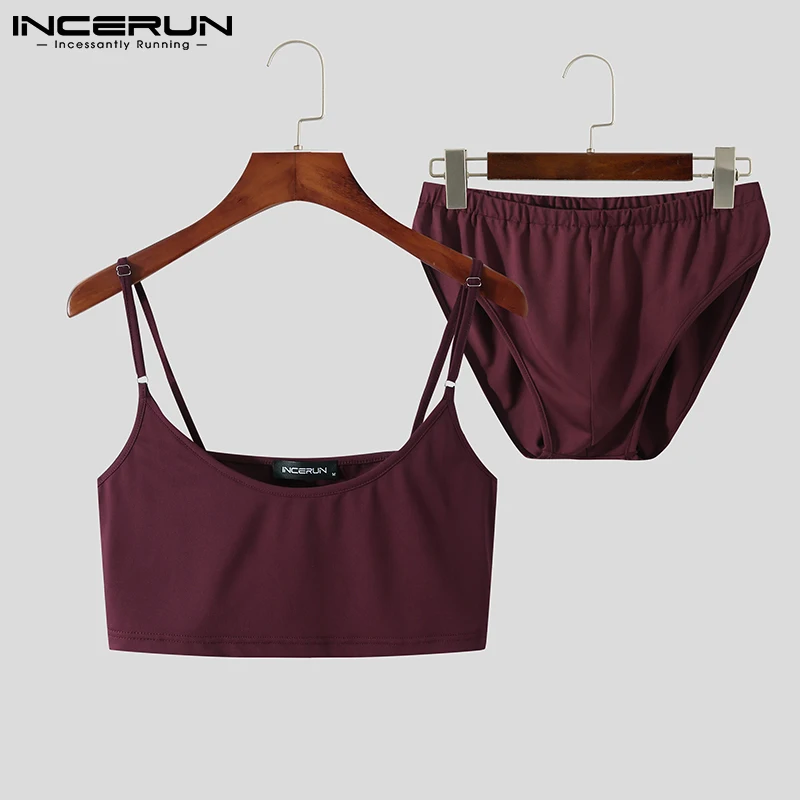 

2022 Men's Pajamas Sets Sexy Tank Tops & Brief Homewear Sexy Breathable Solid Color Men Sleepwear Suits Two Pieces S-5XL INCERUN