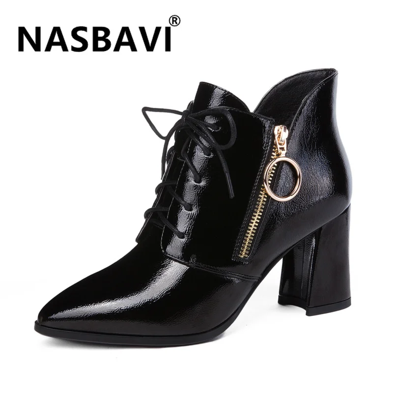 

NASBAVI New Autumn Winter Fashion Women Boots High Heels Lace Up Zipper Leather Short Booties Black Red Ladies Shoes Promotion
