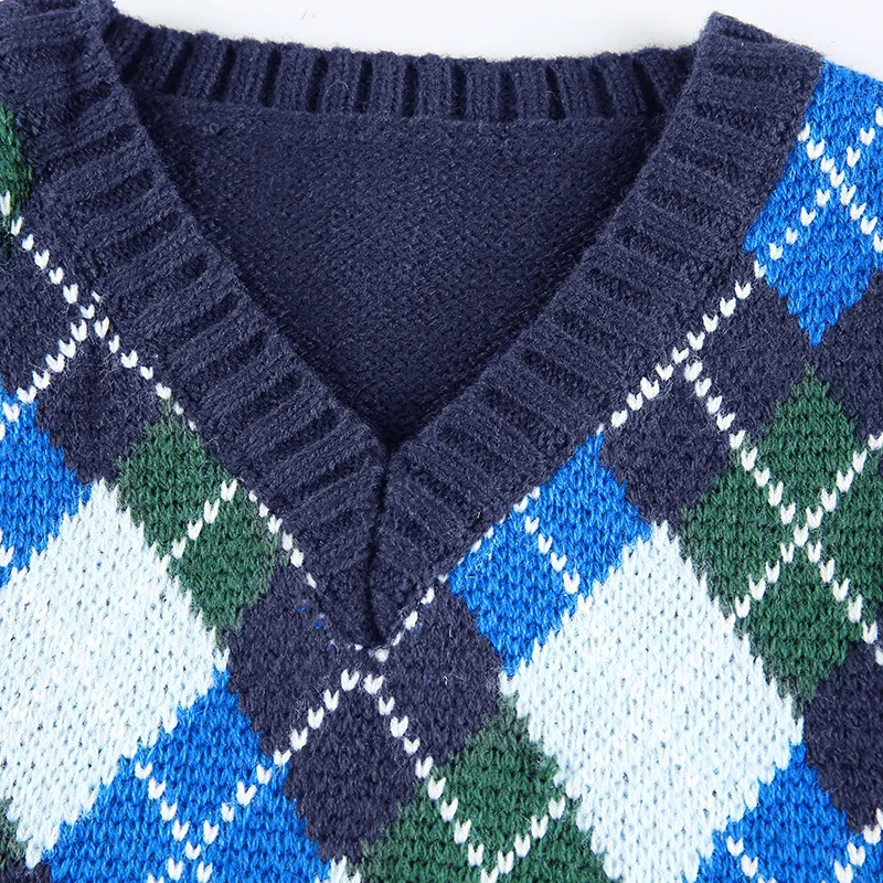 

Argyle Knit Vest Wome Classic V-Neck Sleeveless Print Knit Tops Preppy Style Fall Winter Schoolgirl Outfits