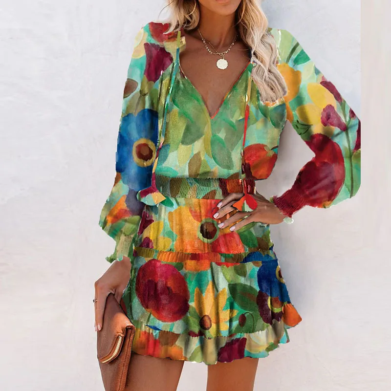 Vintage Colorful Floral Printed Party Dress Women Spring Summer Elegant V-Neck Drawstring Ruffle Mini Sundress Casual Cover-ups images - 6