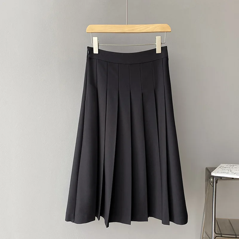 

2021 Spring Elegant Women Coffe Pleated Skirt Black High Waist Medium Length Slim A-line Skirt