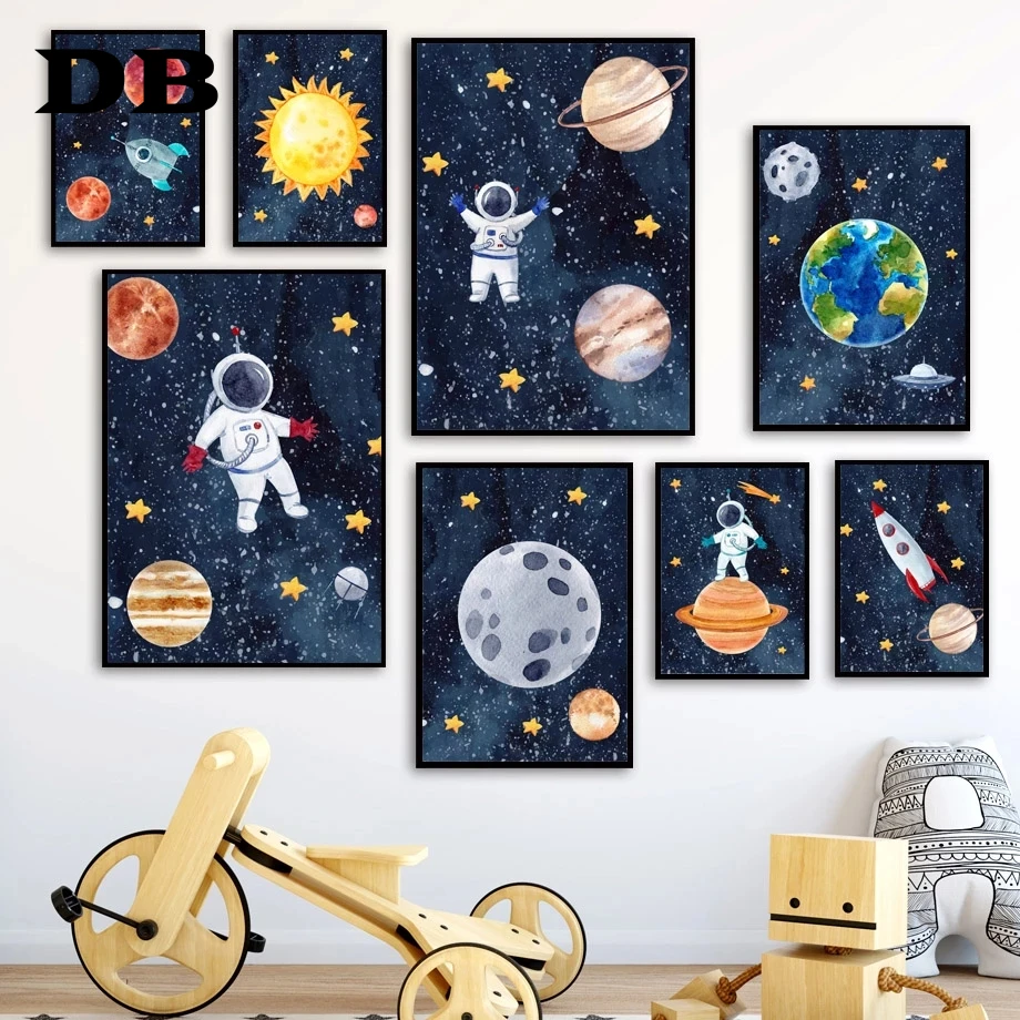 

Space Astronaut Rocket Planet Moon Sun Wall Art Print Canvas Painting Nordic Poster Nursery Wall Pictures Baby Kids Room Decor