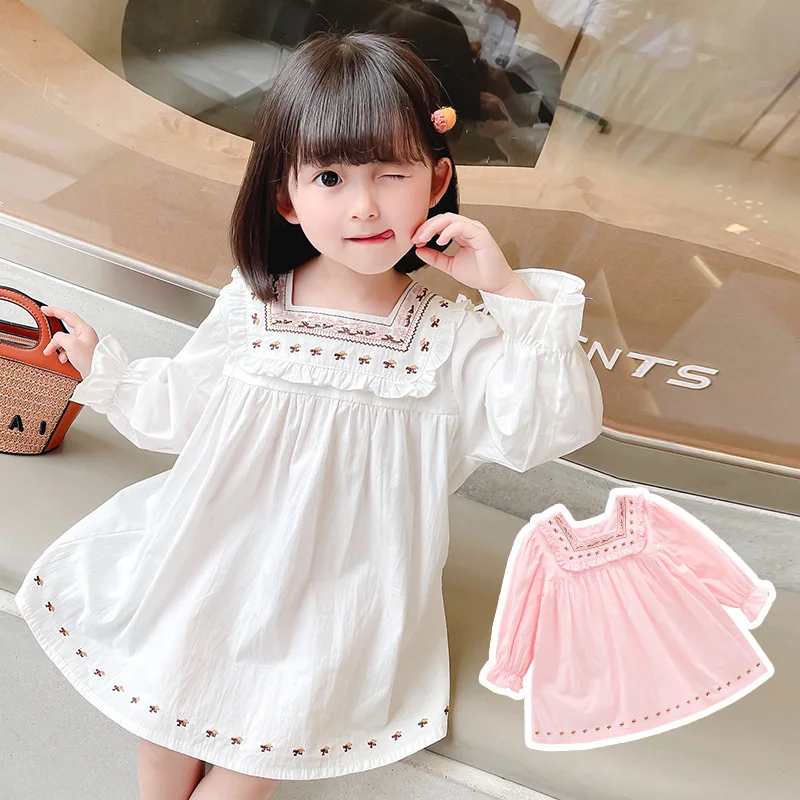 

2021 Autumn Princess Dress Child Clothes New Baby Kids Embroidered Lace Casual Square Collar Dress