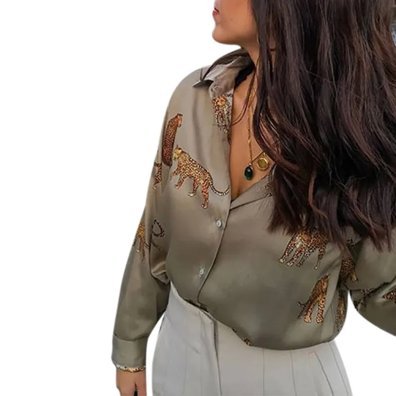 

2021 New European And American Fast Fashion Leopard Animal Print Long-sleeved Shirt Top Women Sexy chiffon T-shirt