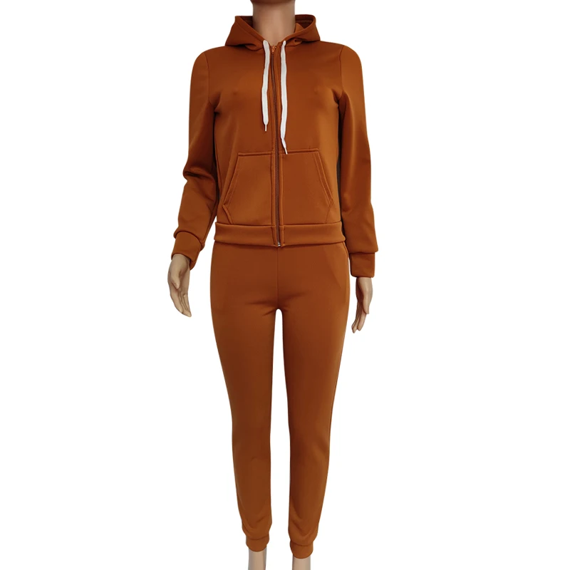 

2021 Spring Women Suit Tracksuit Solid Color Sportwear Long Sleeve Hooded Zipper Two Pieces Set Coat +Long Pants Outfit Clubwear