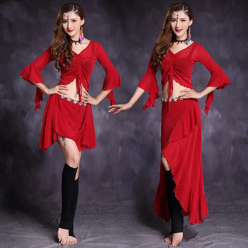 Костюм женский для танца живота длинный с волнистыми краями и рукавами-бабочками