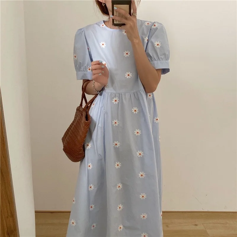 

Vintage Floral Embroidery Elegant Women's Dress 2021 Summer Korean Style Loose Puff Sleeve Party Dress Vestidos Women Clothes