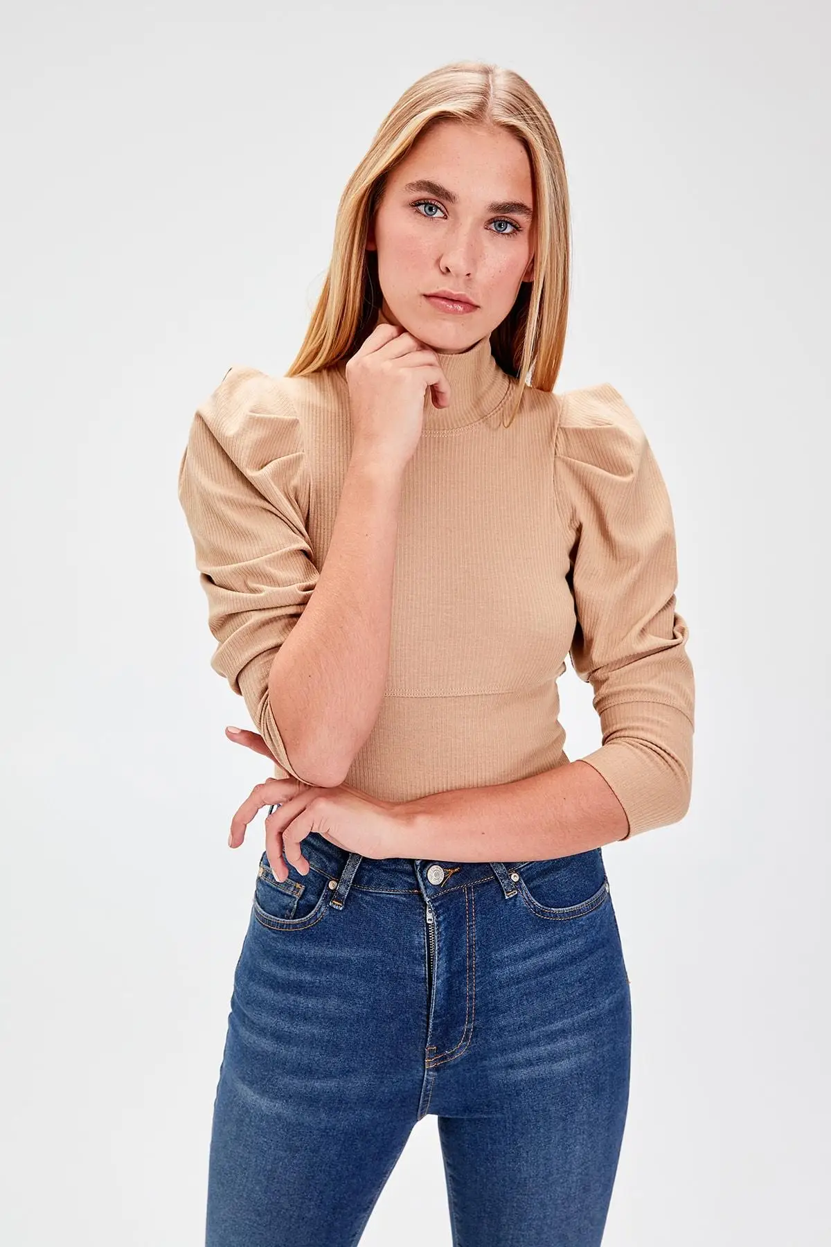 Trendyol верблюжья ручка Shir detayl'l водолазка ребристый трикотажный блузка TWOAW20BZ0274