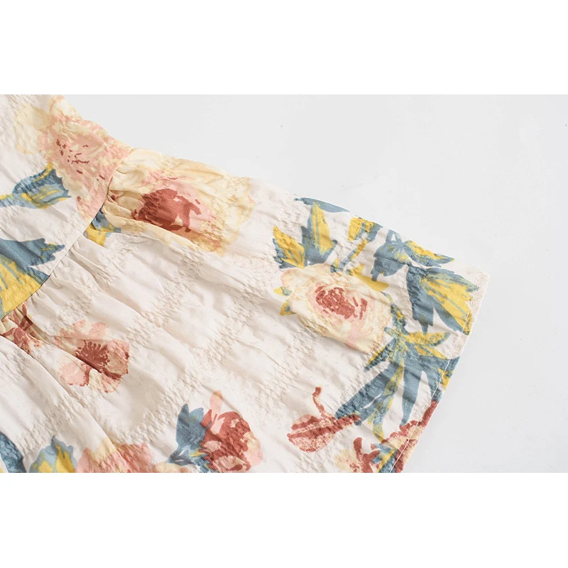 

Women Za Fashion Spring Flower Print Ruffle Trim Pleated Mini Dress Three Quater O Neck Vintage 2021 Dresses Female Vestidos