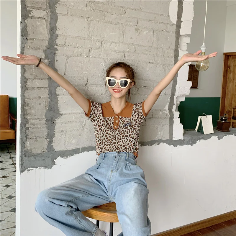 

Короткий топ с леопардовым принтом BM, рубашка-поло с коротким рукавом, футболка малинового цвета, в стиле Дженни, короткая сборка, широкие бр...