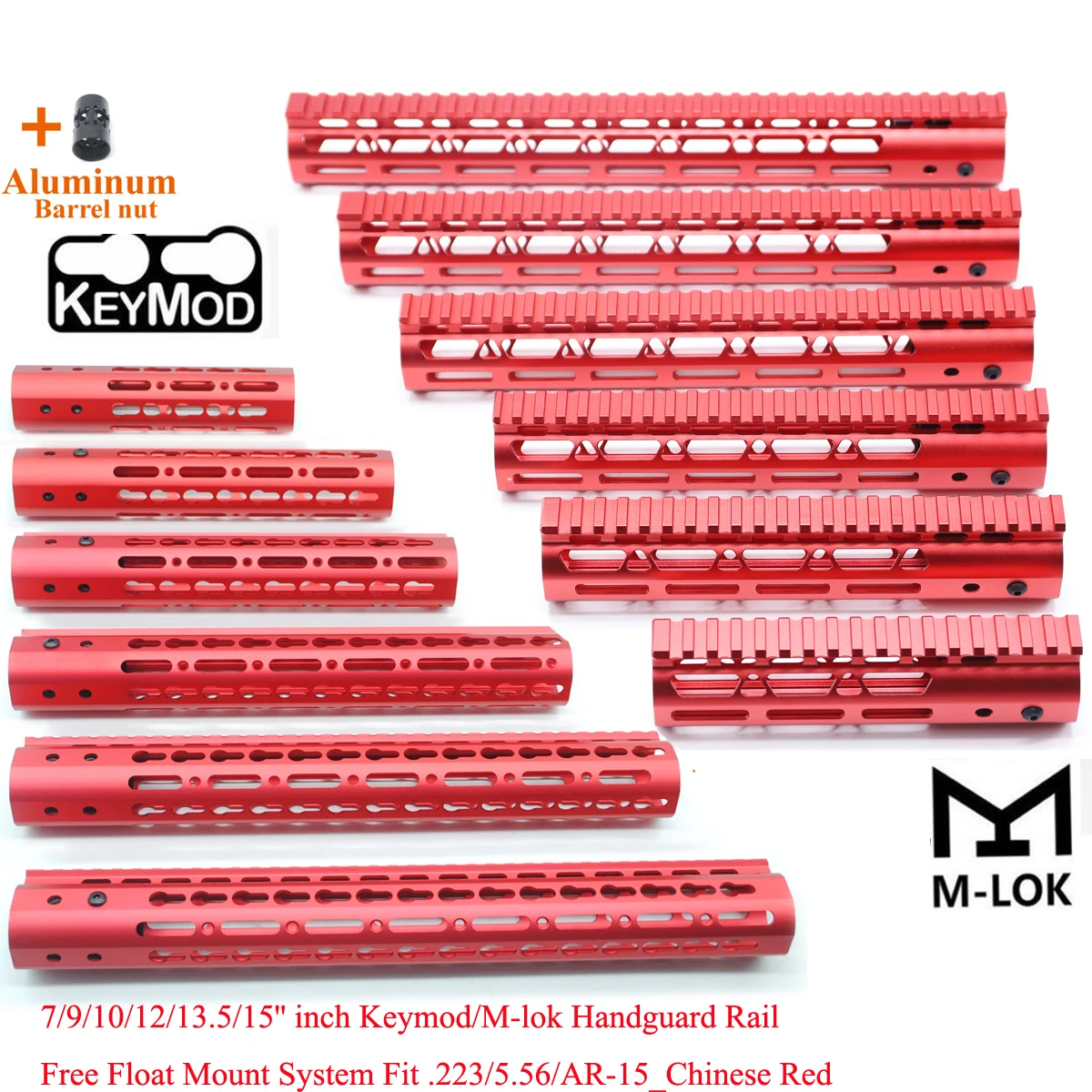 

TriRock Red 7/9/10/12/13.5/15'' inch Ultralight Keymod/M-lok Handguard Rail Fit .223/5.56/AR-15 Series with Aluminum Barrel Nut