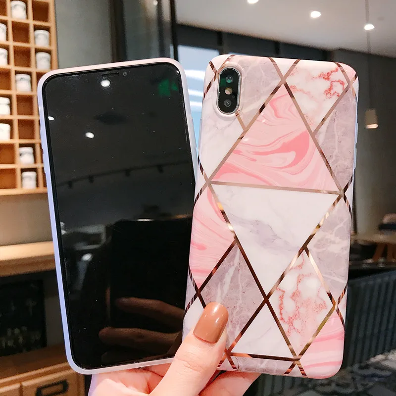 Geometric Marble Diamond Phone Case for iPhone XR X 10 XS Max 6 6S 7 8Plus 11 Plating Strip Soft Silicone Cover Coque |