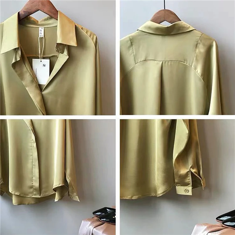 

2021 Summer Autumn Casual Blouse Women Fashion Long Sleeves Tops Vintage Femme V Neck Shirts Elegant Sexy Silk Blouse