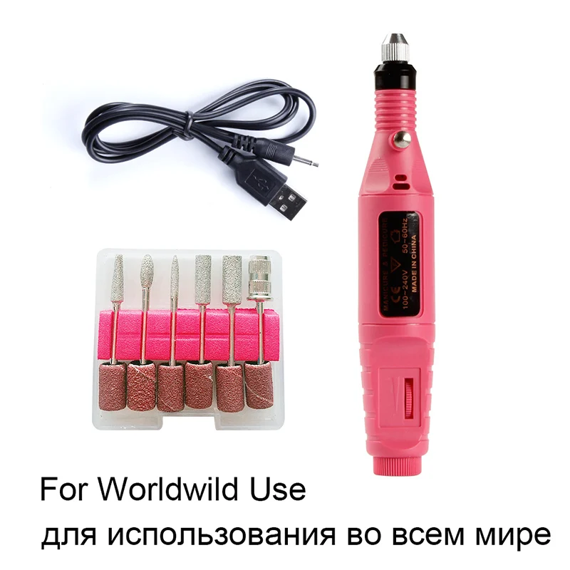 Pink USB Электрический фрезерный сверло набор длинный USB провод ногтей сверлильный станок для маникюра дизайн ногтей шлифовальный пилочка для удаления геля Педикюр резак - Цвет: Pink USB