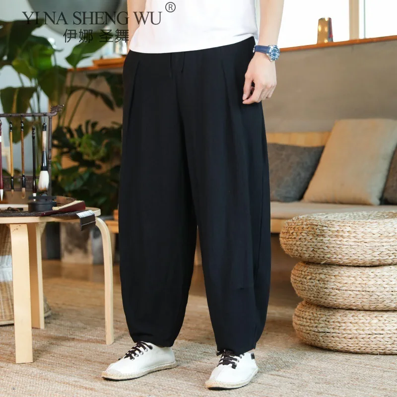 Для мужчин японский Стиль свободные штаны костюм самурая Винтаж мужские брюки