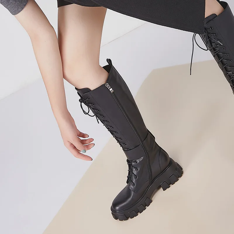 

MoonMeek 2020 winter hot sale fashion genuine leather knee high boots solid black square toe buckle high quality women boots