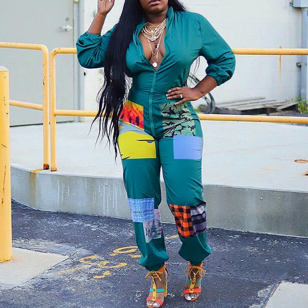 Зеленый цвет блока с длинным рукавом комбинезон африканская Дамская Уличная