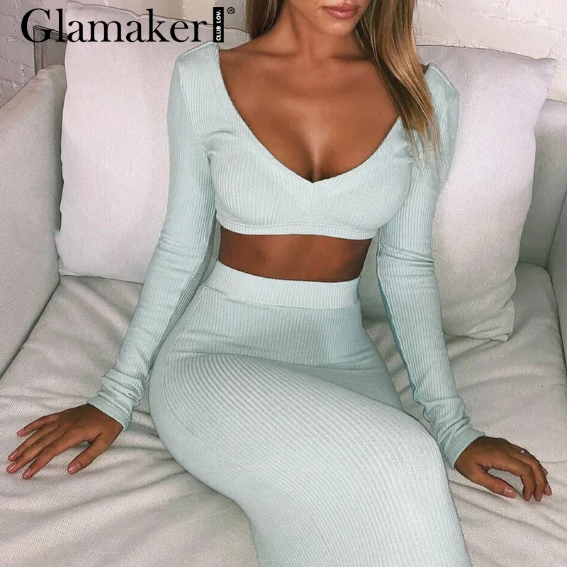Glamaker вязаный костюм из двух частей белое платье Макси женское сексуальное облегающее платье с длинным рукавом и v-образным вырезом женское осенне-зимнее вечернее платье