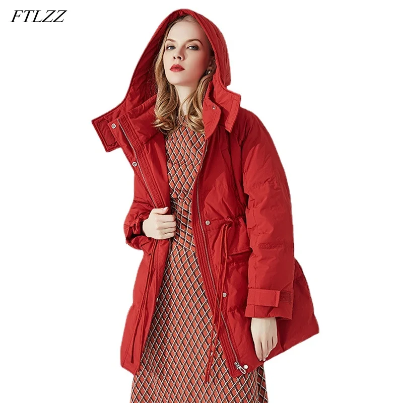 

FTLZZ Winter Hooded Warm Middle Long Down Jacket Women New Loose Sash Tie Up Outwear Puffer Outwear 90% White Duck Down Coat