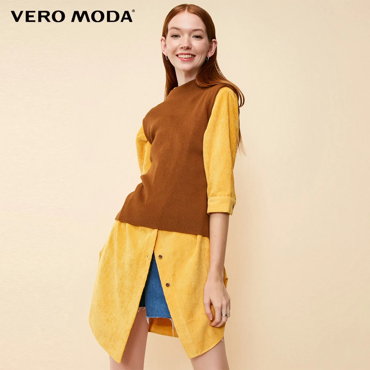 Vero Moda Новые поступления OL Стиль Круглый вырез из двух частей 3/4 рукава платье | 318431508 - Цвет: Mustard