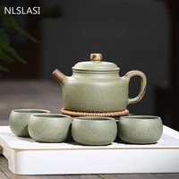 5 pcsset chinese yixing purple clay tea sets handmade teapot kettle master teacups raw ore green bean mud teaware drinkware