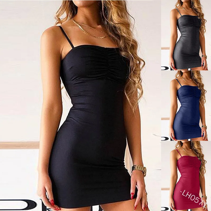 

WEPBEL Spaghetti Strap Dress Women's Sexy Solid Color Slim Sleeveless Dress Summer Fashion Backless Strapless High Waist Dress