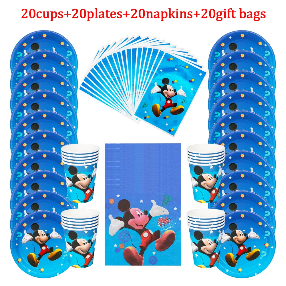 

80Pcs Cartoon Disney Mickey Mouse Disposable Tableware Kids Birthday Party Decoration Paper Plate+Cup+Napkin+gift bags Supplies