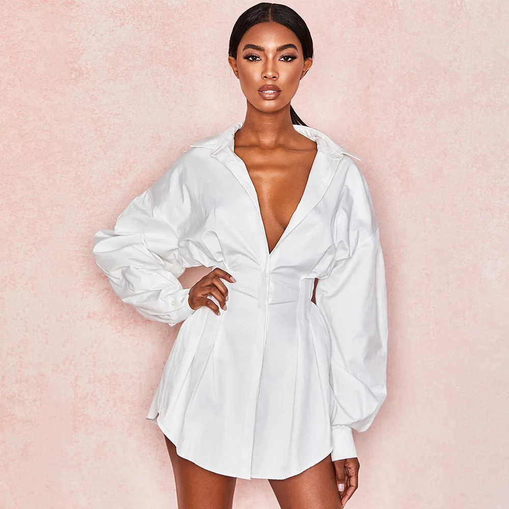 

Women's Shirt Dress Office Ladies Long Puff Sleeve V-Neck High Waist Mini Dress Pure White Black Fixed Waist Shirt Tunic Dress