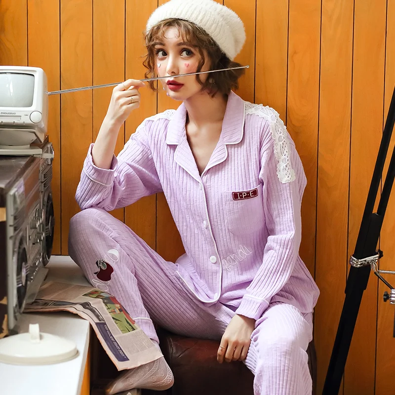 

Autumn Winter Striped Pyjamas Cotton Pajamas Set Women Cardigan Sleepwear Pajama Sets Pijamas Mujer Girl Pyjamas Home Clothing