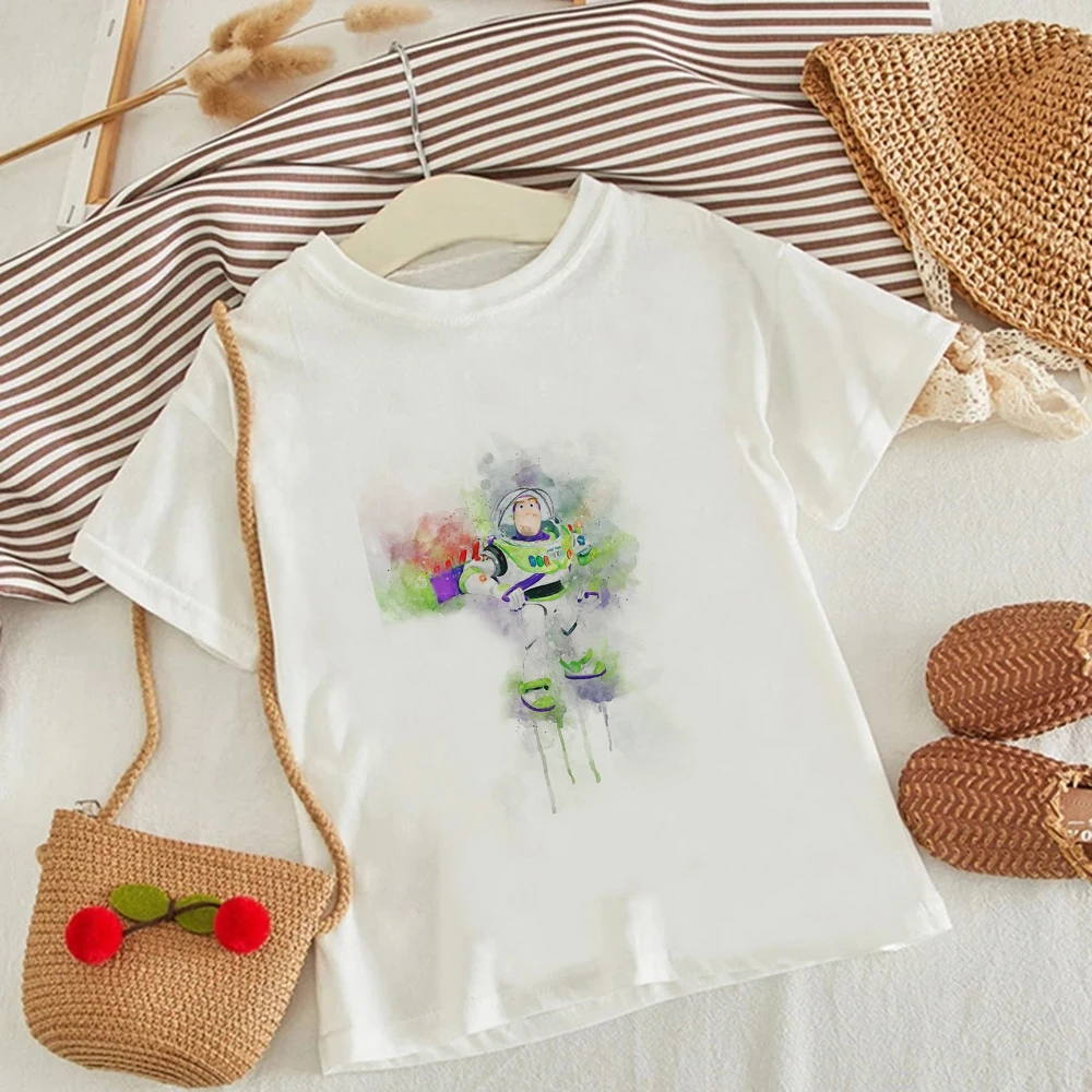 

Disney Watercolor Buzz Lightyear Graphic Tshirt Children Tops Shirt Base O-Neck Tees Toy Story Funny Harajuku Girls T-shirt Cute