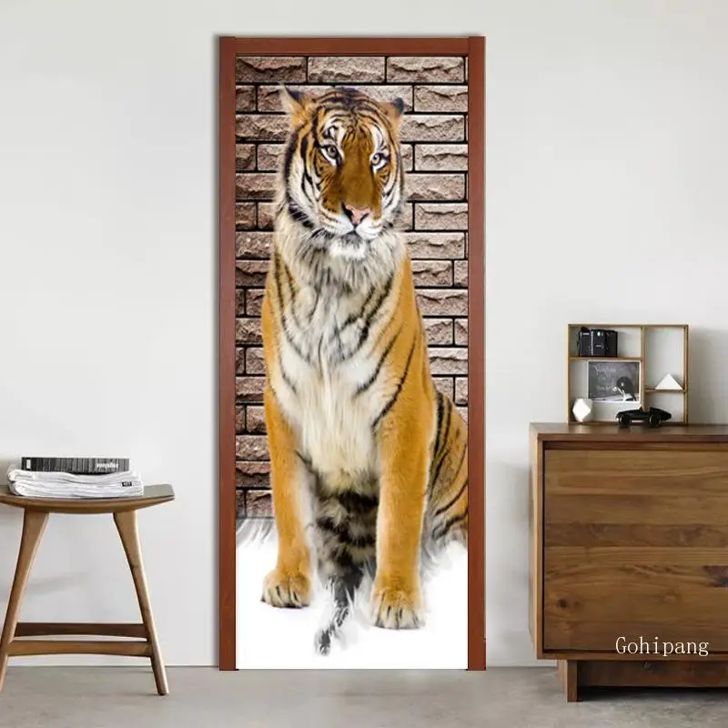 3D Tiger Pattern Door Sticker Modern Style Animal Art Wallpaper Kid Bedroom Living Room Home Decor Decals Pvc Self-Adhesive | Дом и сад