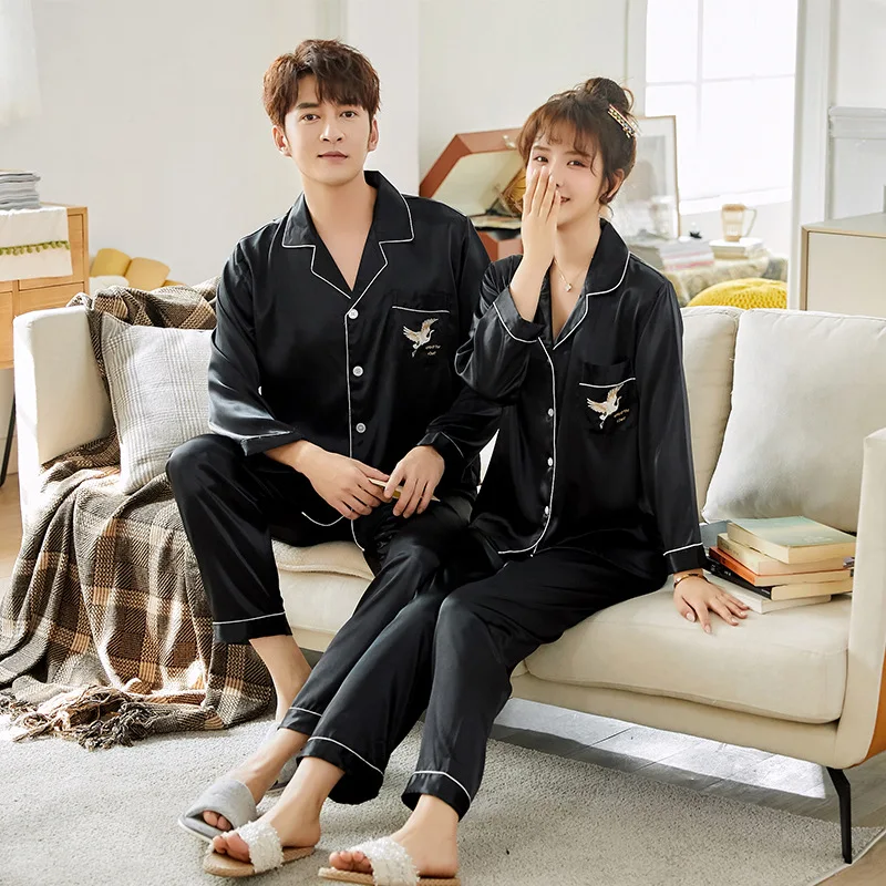 Silk Embroidered Couple Pajamas Spring Autumn Couple Ice Silk Home Wear Men and Women Long Sleeve Cardigan Suit Couple Clothes