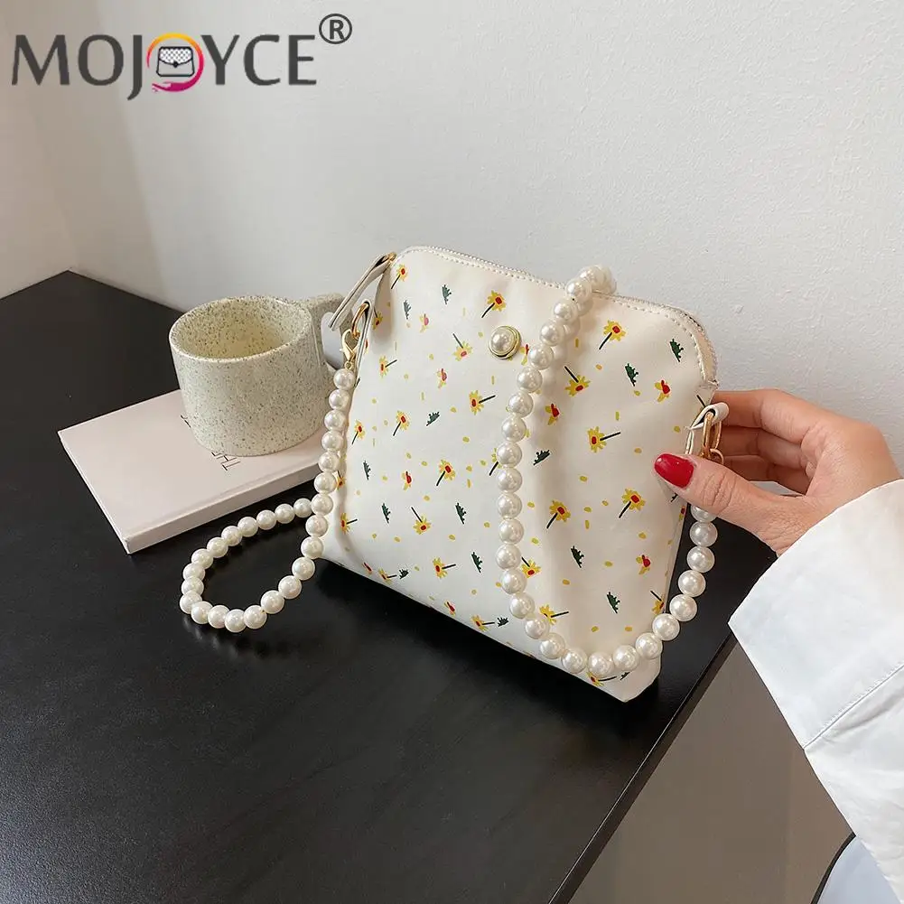 

2021 Women Pleated Female Handbag Fashion Women Floral Print Messenger Bag Casual Pearl Small PU Shoulder Bags