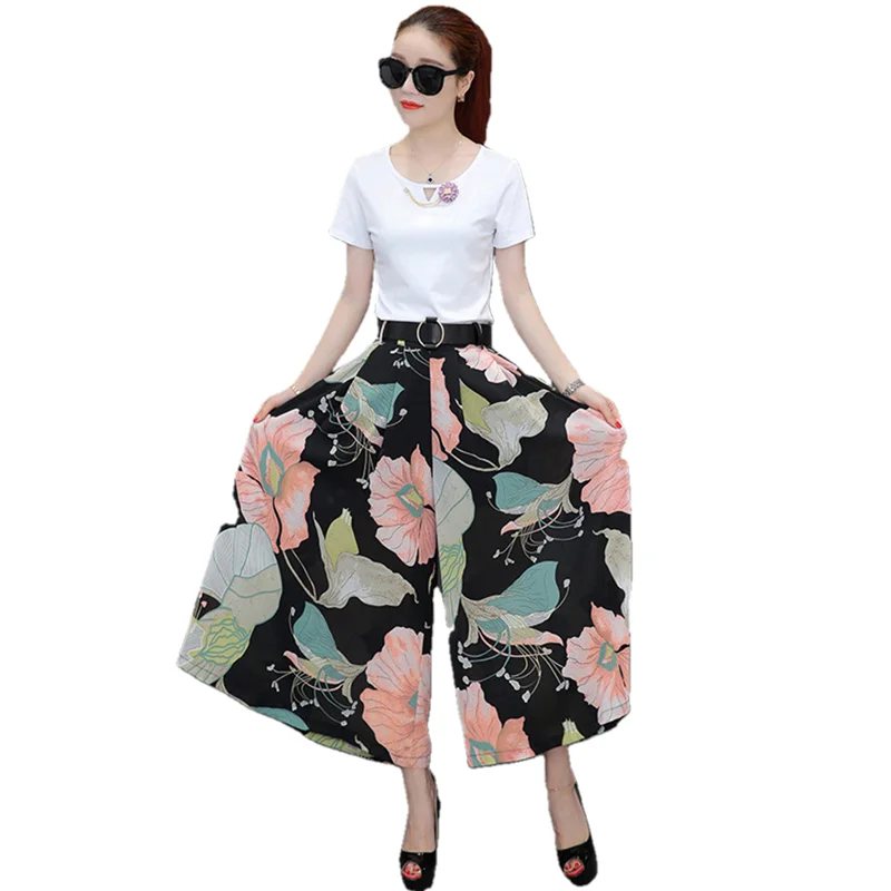 

Women 2 Piece Set Spring Summer Solid Short Sleeve Cotton T Shirt and Chiffon Wide Leg Pants Plus Size 3XL