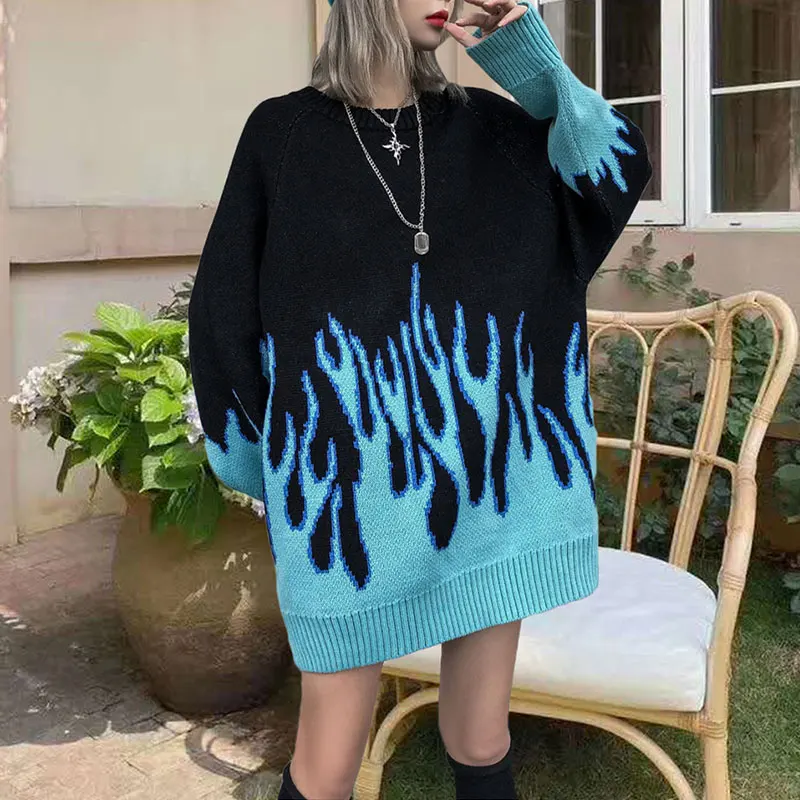 Women Oversize Sweater Blue Flame Print Crew Neck Long Sleeve Cozy Pullover Jumper Fall Winter Knit Tops /