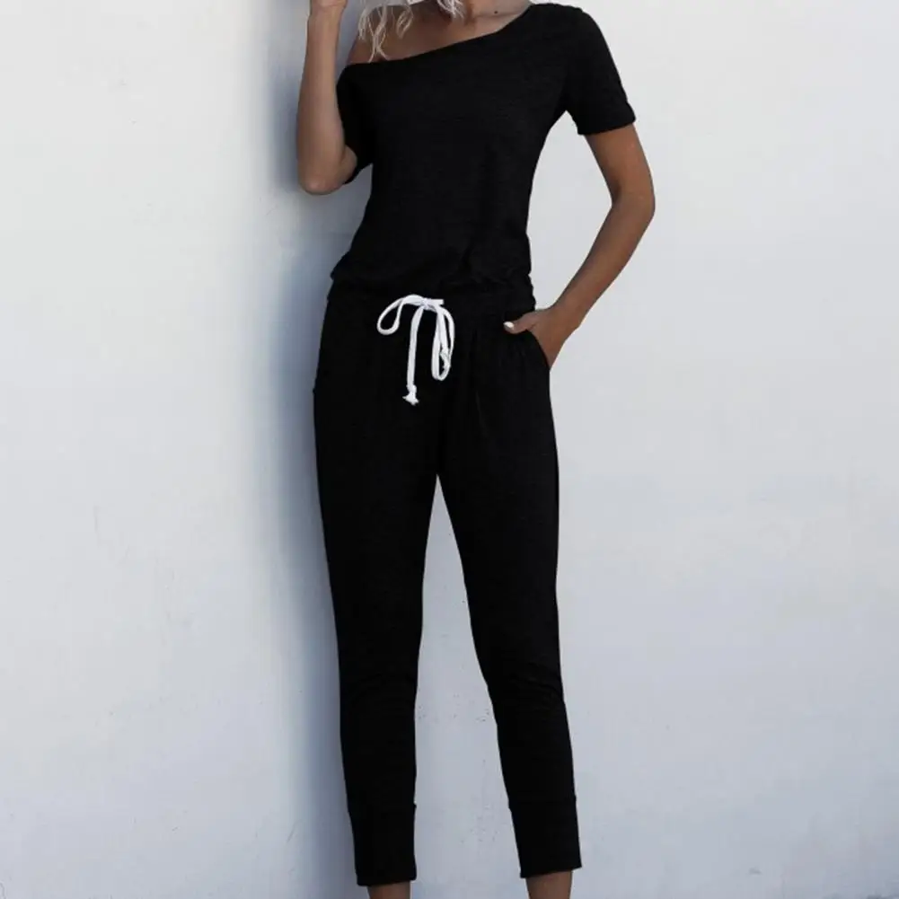 

60% Dropshipping!!Fashion Women jumpsuit solid color tight waist solid color lady oblique shoulder jumpsuit