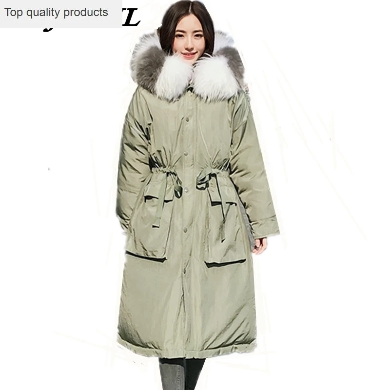 

Women 2023 New Winter Down Coat Loose Large Size Long Down Jacket Fashion Warm Thicken Raccoon Fur Collar Hooded Outerwear CW096