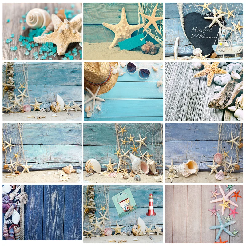 

SHENGYONGBAO Wooden Board Starfish Shell Conch Photography Background Vinyl Cloth Baby Shower Photo Backdrop Props 210321CAR-03